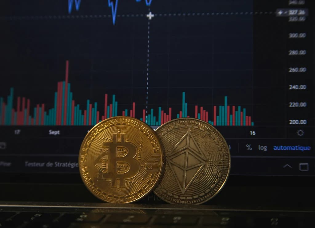 Crypto coins and a market chart